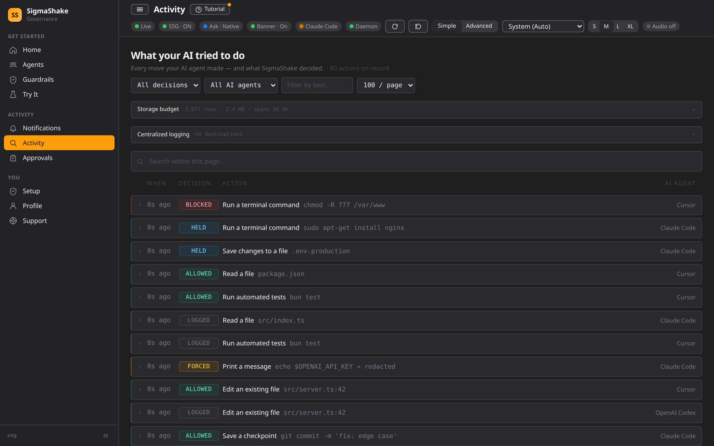 Audit log page in the SigmaShake dashboard, useful for finding a blocked call's id before filing a ticket