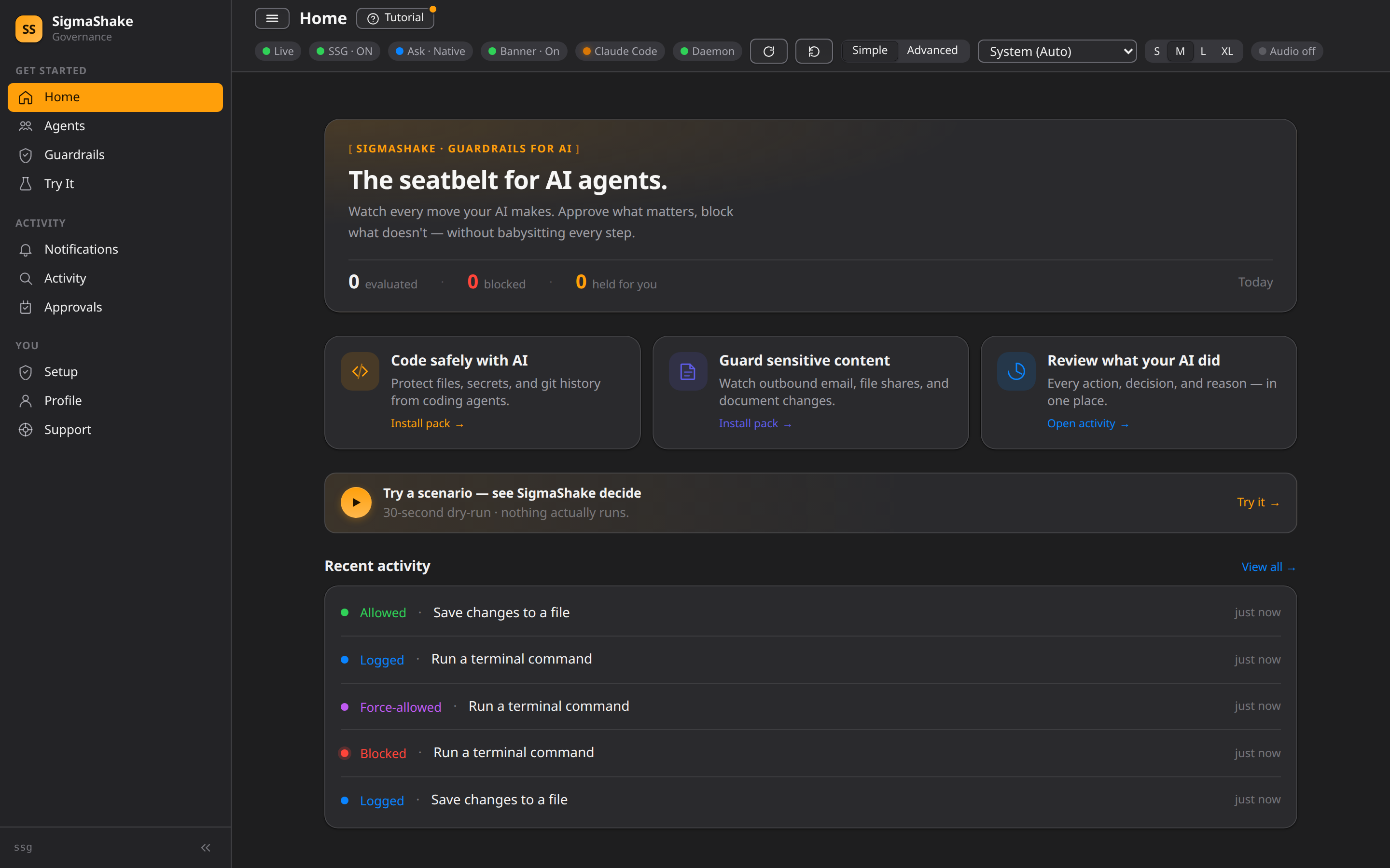 SigmaShake Insights dashboard home, showing the shield status and recent activity